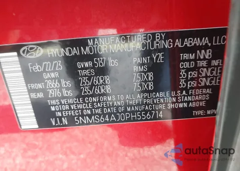 2023 Hyundai Santa Fe Xrt из США, поврежденный, VIN 5NMS64AJ0PH556714